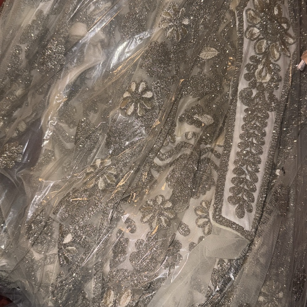 Embroidered Ivory and Gold Sheer Overlay Dress - Picture 2 of 6
